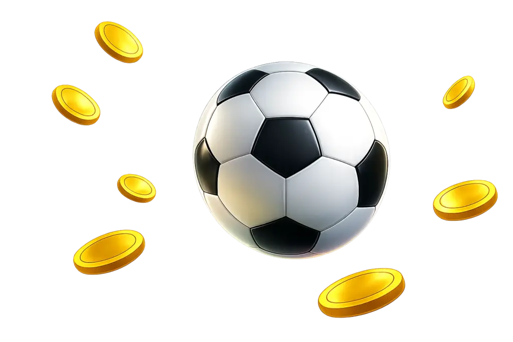 Soccer ball surrounded by floating gold coins representing profitable AI sports betting signals.