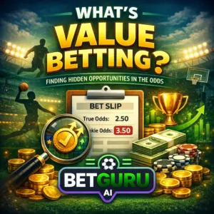 Infographic titled 'What's Value Betting?' showing a magnifying glass highlighting a profitable bet slip with odds comparison, alongside the BetGuru AI logo and stacks of money in a stadium background.