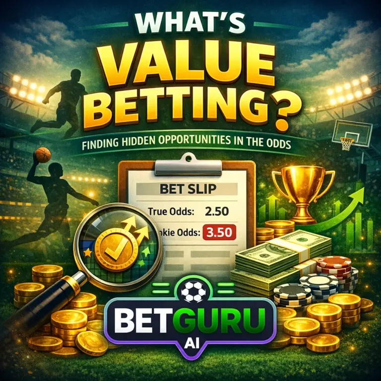 Infographic titled 'What's Value Betting?' showing a magnifying glass highlighting a profitable bet slip with odds comparison, alongside the BetGuru AI logo and stacks of money in a stadium background.